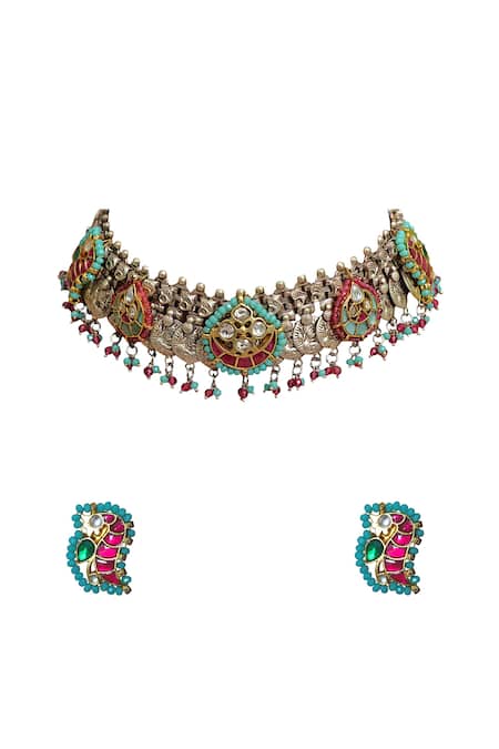 Tad Accessories Antique Silver Finish Imitation Polki Set 