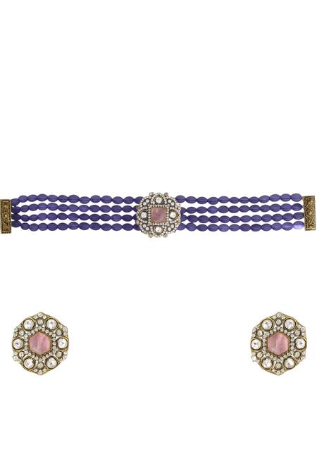 Tad Accessories_Purple Imitation Diamonds Gold Finish Choker And Earrings Set_Online_at_Aza_Fashions