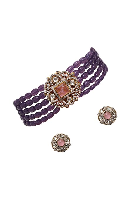Buy_Tad Accessories_Purple Imitation Diamonds Gold Finish Choker And Earrings Set_Online_at_Aza_Fashions