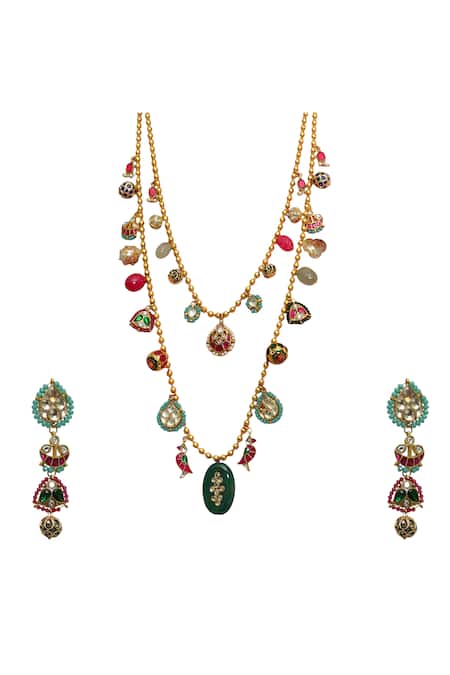 Tad Accessories Gold Finish Multi Color Necklace & Earrings Set 