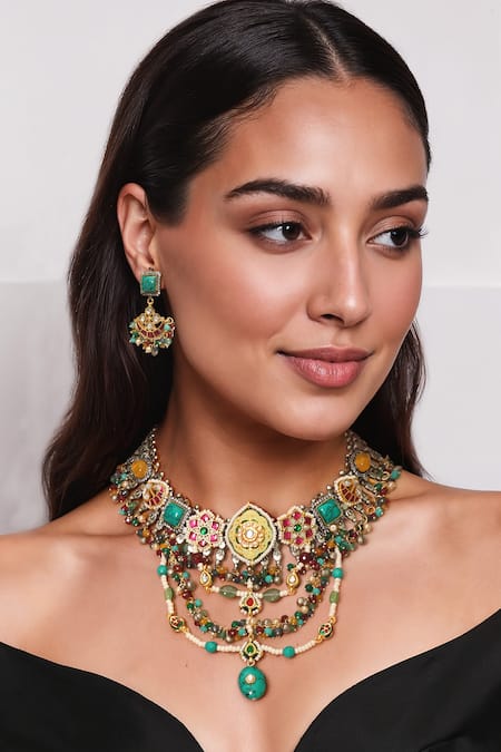 Tad Accessories Multi Color Antique Silver Finish Necklace Set