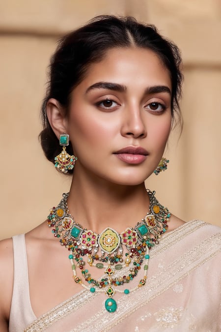 Tad Accessories Multi Color Antique Silver Finish Necklace Set Online at Aza Fashions Tad Accessories_Multi Color Antique Silver Finish Necklace Set _Online_at_Aza_Fashions