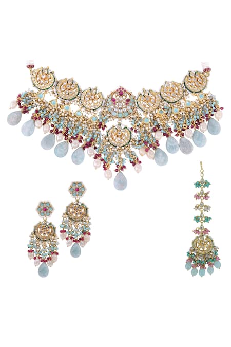 Tad Accessories Gold Finish Aqua Necklace Set 