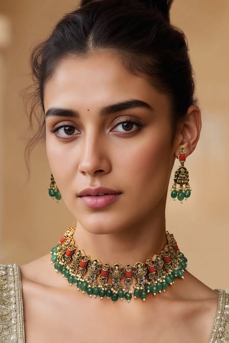 Tad Accessories Coral Stones Gold Finish Necklace Set 