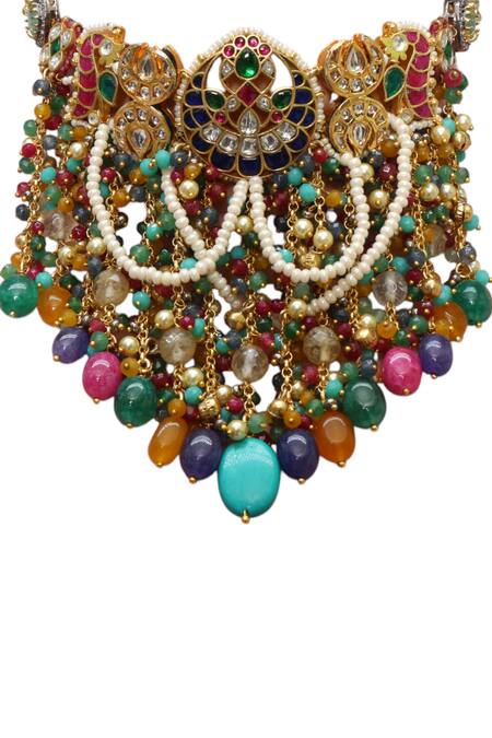 Tad Accessories_Multi Color Crystals, Stones, Beads Two Imitation Polki Necklace And Earrings Set_Online_at_Aza_Fashions