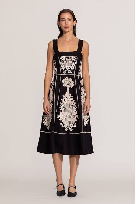 RANNA GILL_Black Viscose, Linen Embroidery Square Neck Amara Midi Dress_Online_at_Aza_Fashions