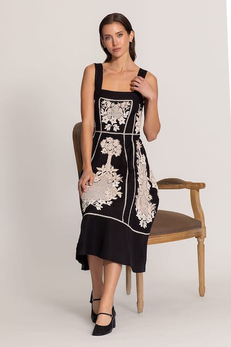 Buy_RANNA GILL_Black Viscose, Linen Embroidery Square Neck Amara Midi Dress_Online_at_Aza_Fashions