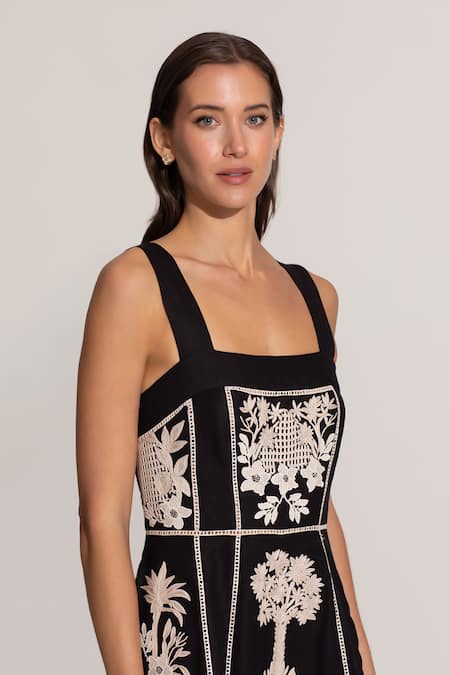 Shop_RANNA GILL_Black Viscose, Linen Embroidery Square Neck Amara Midi Dress_Online_at_Aza_Fashions