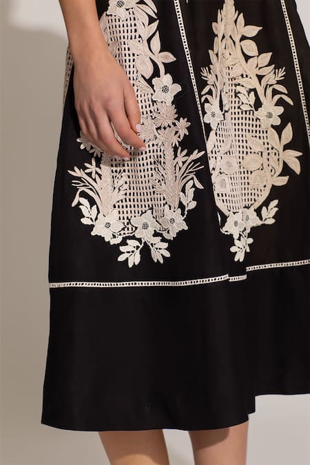 RANNA GILL_Black Viscose, Linen Embroidery Square Neck Amara Midi Dress_at_Aza_Fashions