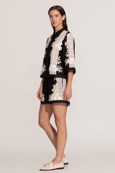 RANNA GILL_Black Viscose Embroidery Collared Alice Shirt_Online_at_Aza_Fashions