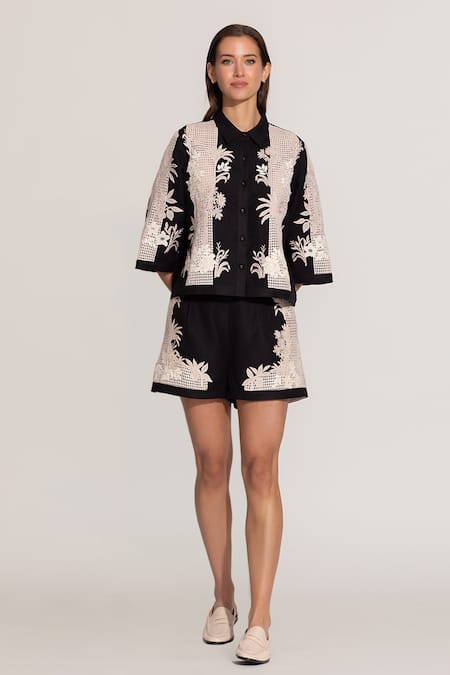 Buy_RANNA GILL_Black Viscose Embroidery Collared Alice Shirt_Online_at_Aza_Fashions