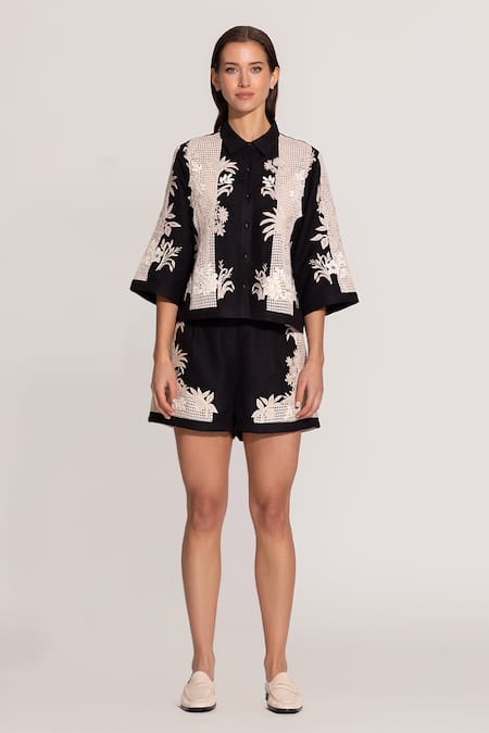 Shop_RANNA GILL_Black Viscose Embroidery Collared Alice Shirt_Online_at_Aza_Fashions