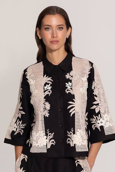 RANNA GILL_Black Viscose Embroidery Collared Alice Shirt_at_Aza_Fashions