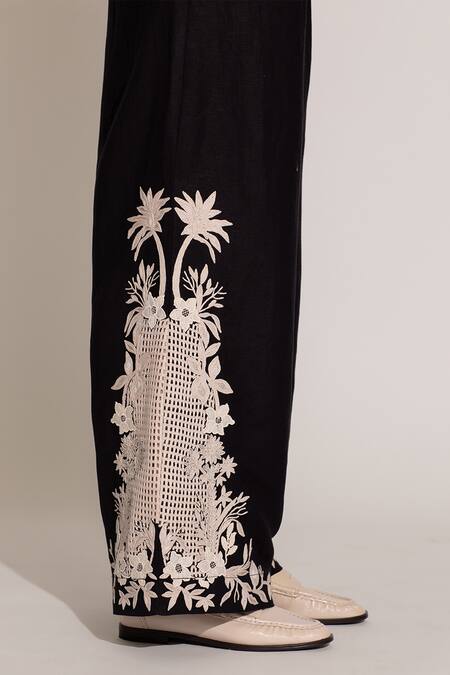 RANNA GILL_Black Viscose Embroidery Khloe Pant_Online_at_Aza_Fashions
