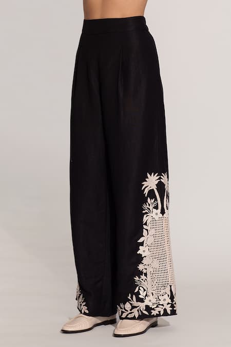 Buy_RANNA GILL_Black Viscose Embroidery Khloe Pant_Online_at_Aza_Fashions