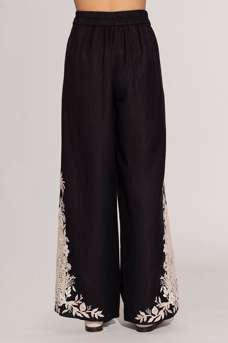 Shop_RANNA GILL_Black Viscose Embroidery Khloe Pant_Online_at_Aza_Fashions