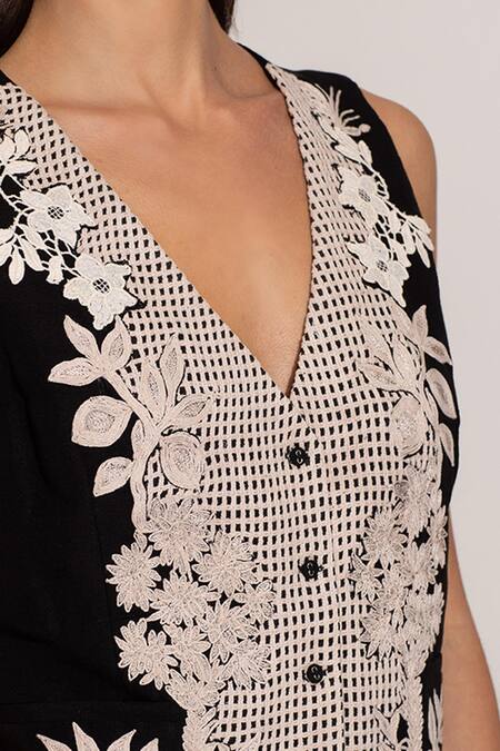 RANNA GILL_Black Viscose, Linen Embroidery V-neck Alina Waistcoat_Online_at_Aza_Fashions