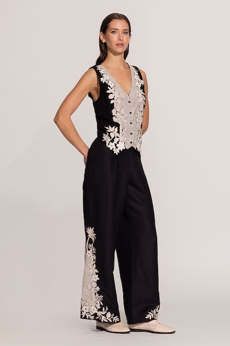 Buy_RANNA GILL_Black Viscose, Linen Embroidery V-neck Alina Waistcoat_Online_at_Aza_Fashions