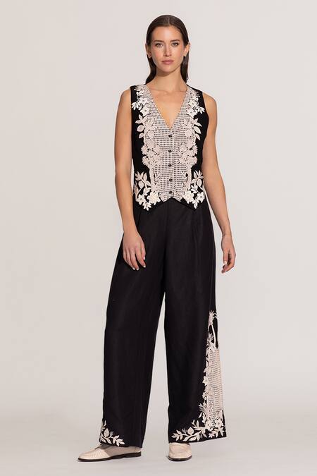 Shop_RANNA GILL_Black Viscose, Linen Embroidery V-neck Alina Waistcoat_Online_at_Aza_Fashions