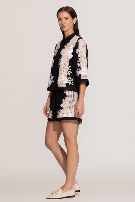Buy_RANNA GILL_Black Viscose, Linen Embroidery Noa Shorts_Online_at_Aza_Fashions