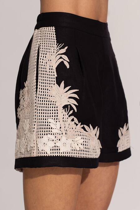 Shop_RANNA GILL_Black Viscose, Linen Embroidery Noa Shorts_Online_at_Aza_Fashions