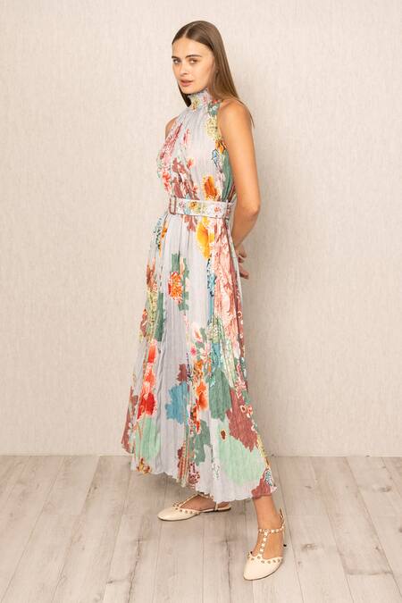 RANNA GILL_Multi Color Polyester, Satin Halter Neck Malaga Pleated Maxi Dress_Online_at_Aza_Fashions