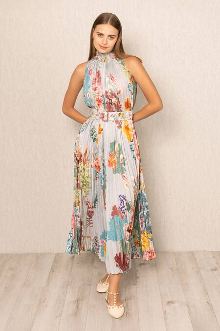 Buy_RANNA GILL_Multi Color Polyester, Satin Halter Neck Malaga Pleated Maxi Dress_Online_at_Aza_Fashions
