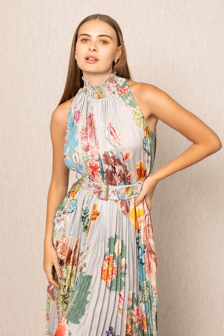 RANNA GILL_Multi Color Polyester, Satin Halter Neck Malaga Pleated Maxi Dress_at_Aza_Fashions