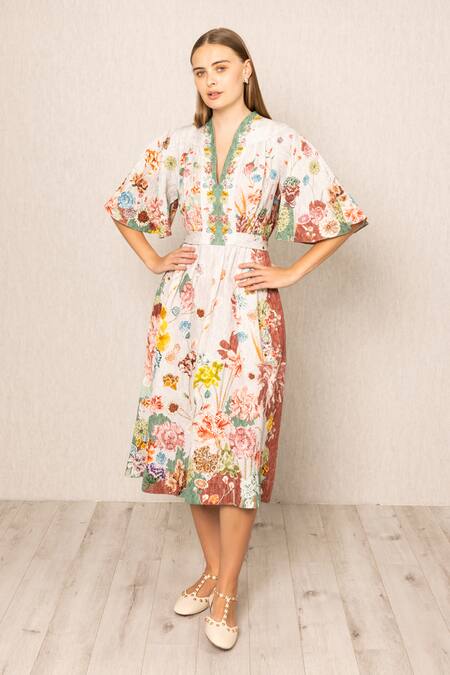 RANNA GILL_Viscose, Linen V-neck Capri Flared Sleeve Dress_Online_at_Aza_Fashions