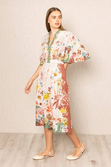 Buy_RANNA GILL_Viscose, Linen V-neck Capri Flared Sleeve Dress_Online_at_Aza_Fashions