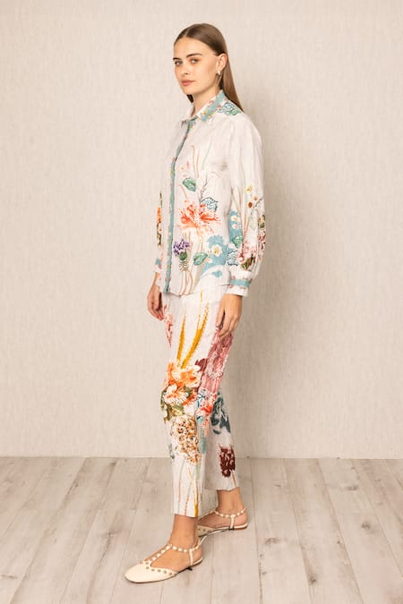 RANNA GILL Multi Color Viscose, Linen Embroidery Collared Bora Buttondown Shirt And Pants Online at Aza Fashions RANNA GILL_Multi Color Viscose, Linen Embroidery Collared Bora Buttondown Shirt And Pants_Online_at_Aza_Fashions