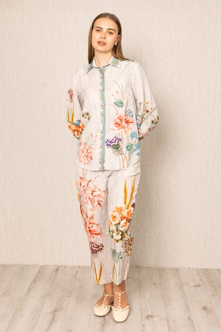 RANNA GILL Multi Color Viscose, Linen Embroidery Collared Bora Buttondown Shirt And Pants 