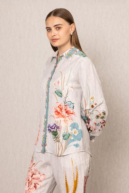 Buy RANNA GILL Multi Color Viscose, Linen Embroidery Collared Bora Buttondown Shirt And Pants Online at Aza Fashions Buy_RANNA GILL_Multi Color Viscose, Linen Embroidery Collared Bora Buttondown Shirt And Pants_Online_at_Aza_Fashions