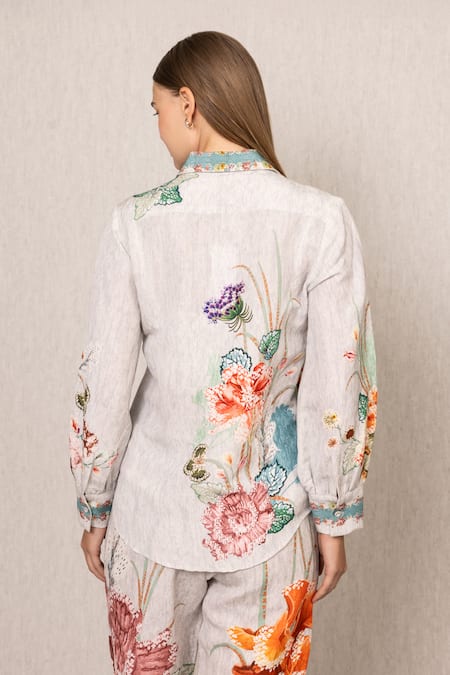 Shop RANNA GILL Multi Color Viscose, Linen Embroidery Collared Bora Buttondown Shirt And Pants at Aza Fashions Shop_RANNA GILL_Multi Color Viscose, Linen Embroidery Collared Bora Buttondown Shirt And Pants_at_Aza_Fashions