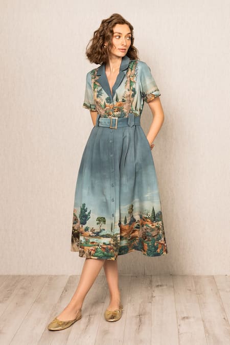 RANNA GILL Teal Crepe Collared, Notched Neck Porto Midi Dress 