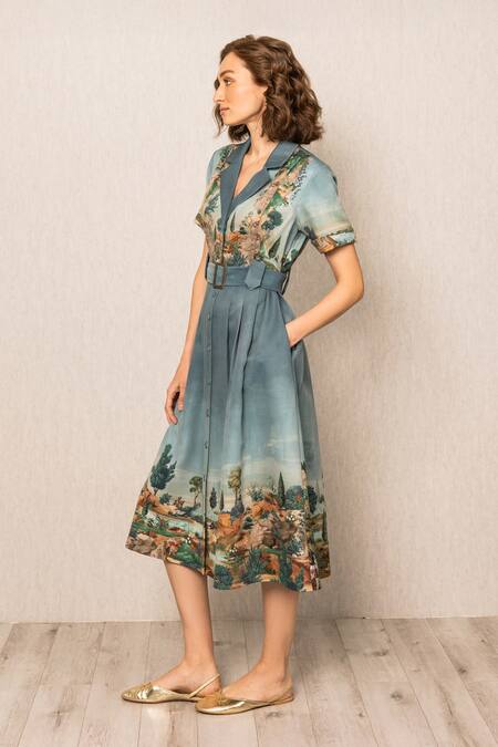 Buy_RANNA GILL_Teal Crepe Collared, Notched Neck Porto Midi Dress_Online_at_Aza_Fashions