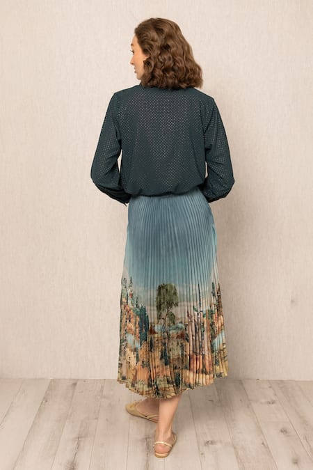 RANNA GILL Green Georgette Collared Bern Buttondown Shirt Online at Aza Fashions RANNA GILL_Green Georgette Collared Bern Buttondown Shirt_Online_at_Aza_Fashions