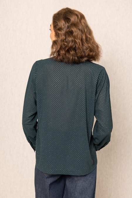 Shop RANNA GILL Green Georgette Collared Bern Buttondown Shirt at Aza Fashions Shop_RANNA GILL_Green Georgette Collared Bern Buttondown Shirt_at_Aza_Fashions