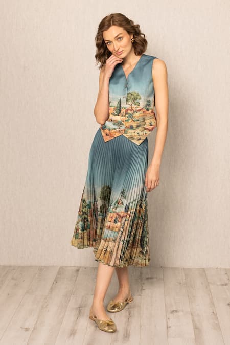 RANNA GILL Teal Polyester, Satin V-neck Ibiza Waist Coat Online at Aza Fashions RANNA GILL_Teal Polyester, Satin V-neck Ibiza Waist Coat_Online_at_Aza_Fashions