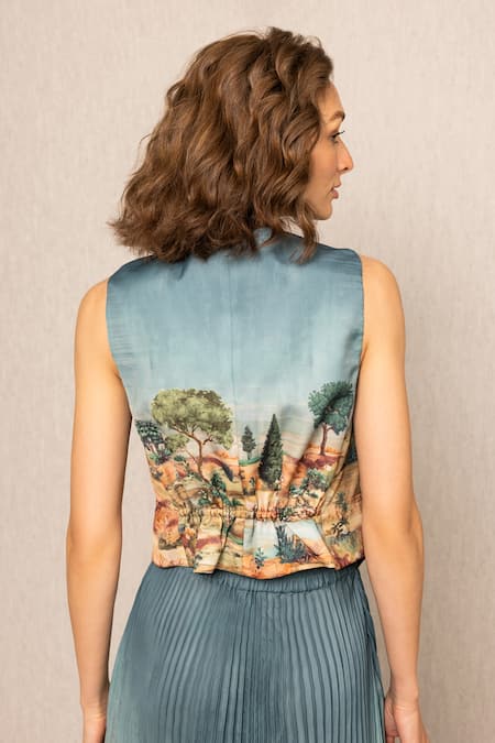 Shop RANNA GILL Teal Polyester, Satin V-neck Ibiza Waist Coat at Aza Fashions Shop_RANNA GILL_Teal Polyester, Satin V-neck Ibiza Waist Coat_at_Aza_Fashions