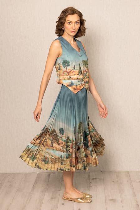 Buy RANNA GILL Teal Polyester, Satin V-neck Ibiza Waist Coat Online at Aza Fashions Buy_RANNA GILL_Teal Polyester, Satin V-neck Ibiza Waist Coat_Online_at_Aza_Fashions