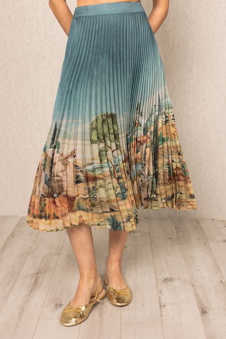 RANNA GILL Teal Polyester, Satin Lyon Pleated Skirt Online at Aza Fashions RANNA GILL_Teal Polyester, Satin Lyon Pleated Skirt_Online_at_Aza_Fashions
