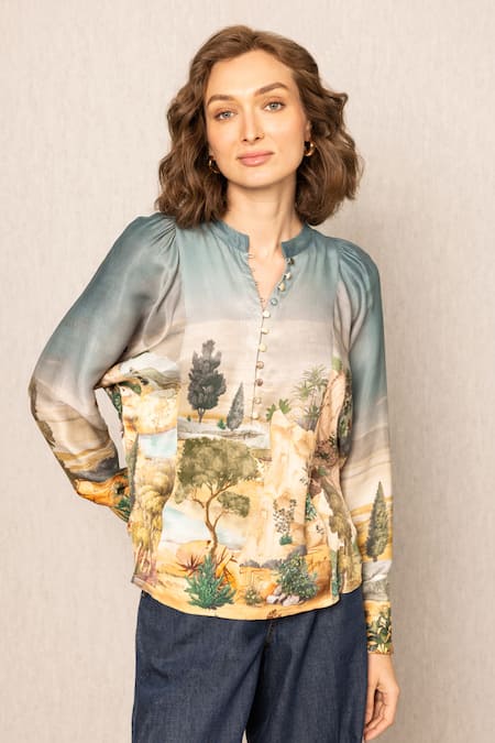RANNA GILL Teal Mandarin Collar Vilna Kimono Sleeve Blouse 