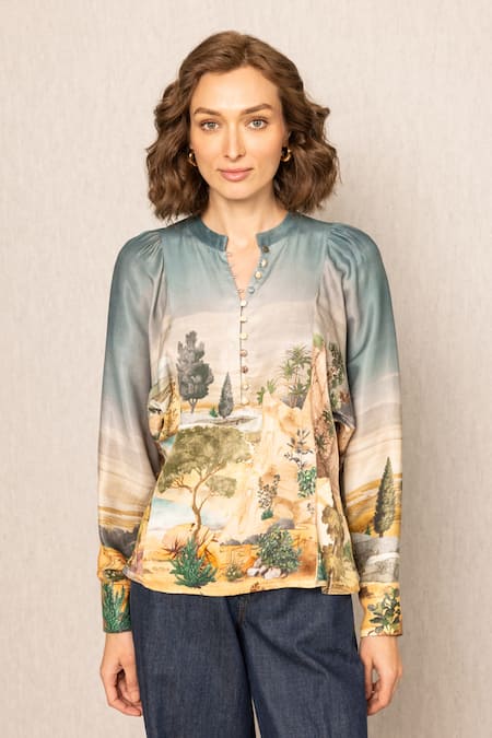 RANNA GILL_Teal Mandarin Collar Vilna Kimono Sleeve Blouse_Online_at_Aza_Fashions