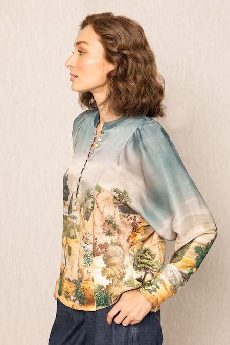 Buy_RANNA GILL_Teal Mandarin Collar Vilna Kimono Sleeve Blouse_Online_at_Aza_Fashions
