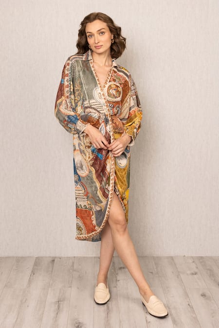 Buy_RANNA GILL_Multi Color Viscose Sequins Collared Nowra Kimono Wrap Dress_Online_at_Aza_Fashions
