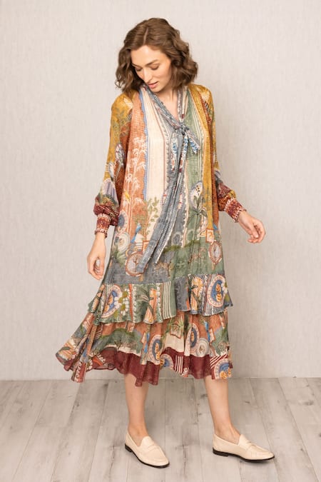 RANNA GILL_Multi Color Viscose Sequins V-neck Tula Gathered Midi Dress_Online_at_Aza_Fashions