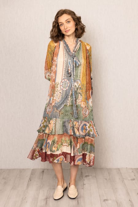 Buy_RANNA GILL_Multi Color Viscose Sequins V-neck Tula Gathered Midi Dress_Online_at_Aza_Fashions