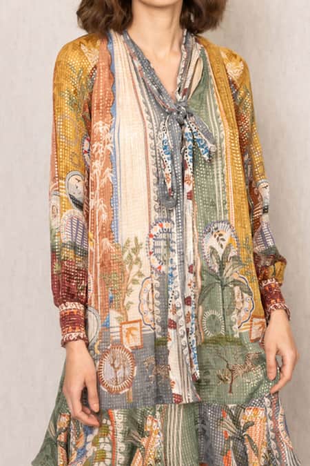 Shop_RANNA GILL_Multi Color Viscose Sequins V-neck Tula Gathered Midi Dress_Online_at_Aza_Fashions