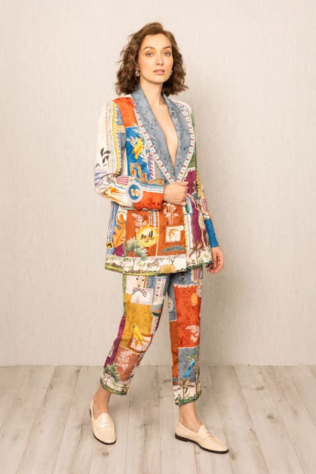 RANNA GILL_Multi Color Viscose, Linen V-neck Kiro Oversized Jacket_Online_at_Aza_Fashions